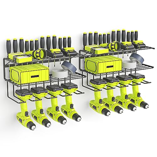 Power Tool Organizer Wall Mounted, Power Drill Tool Holder, Tool Organizers and Storage Rack for Garage Organization, 3 Layers Floating Tool Shelf with 4 Drill Holders(2 Pack)