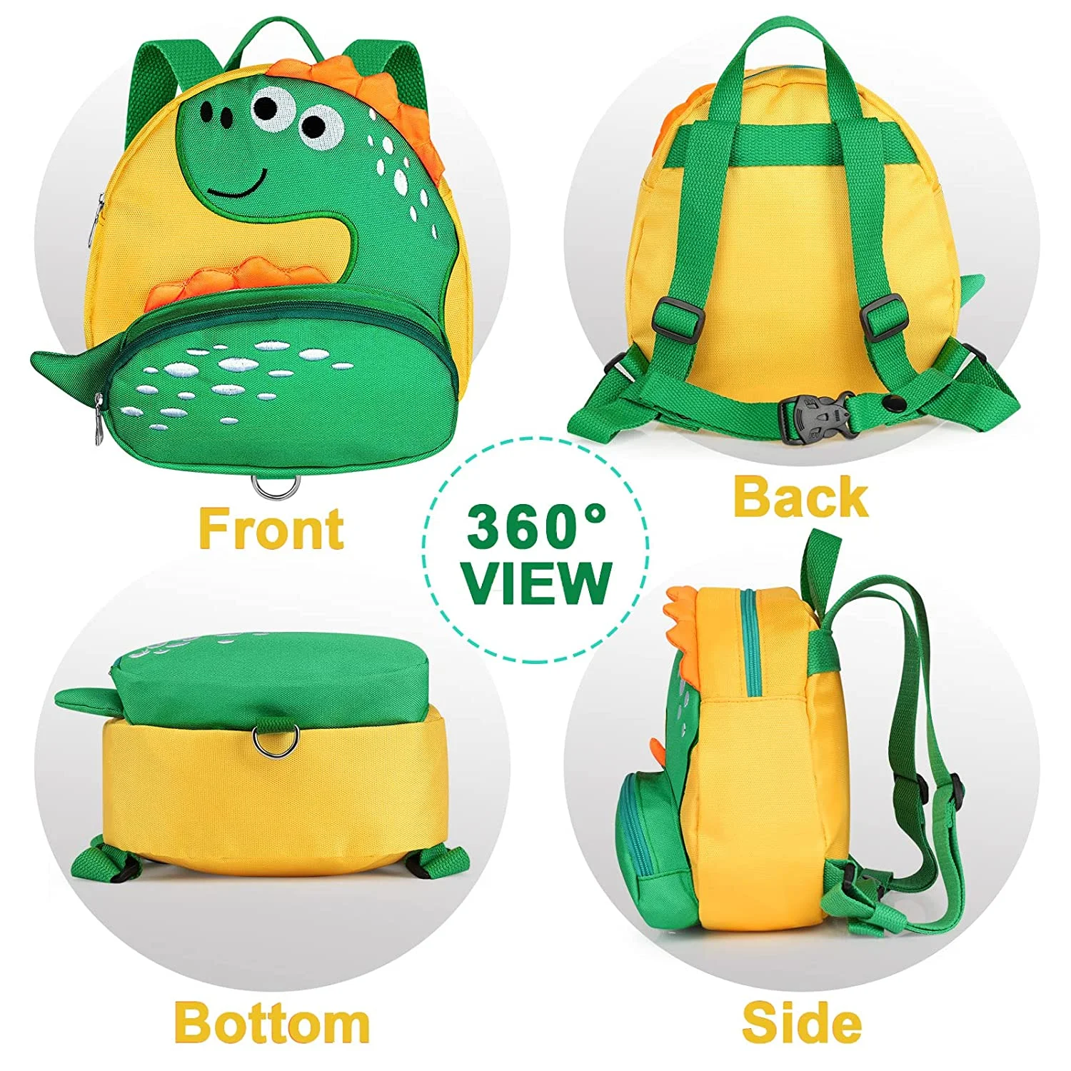 Anti Lost Toddler Backpack ,Dinosaur Backpacks, 4 in 1 Child Harness Leash Walking Wristband (Yellow)