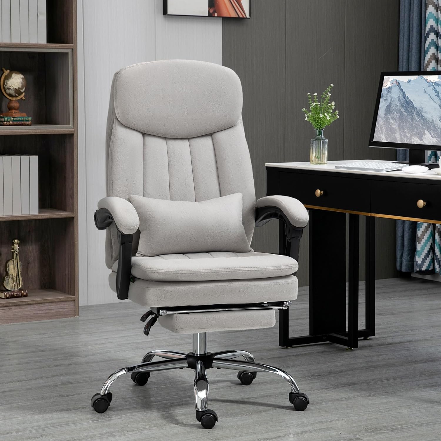 Executive Massage Office Chair, Swivel Computer Desk Chair, Microfibre Heated Reclining Computer PU Leather Chair with Lumbar Support Pillow, Light Gray