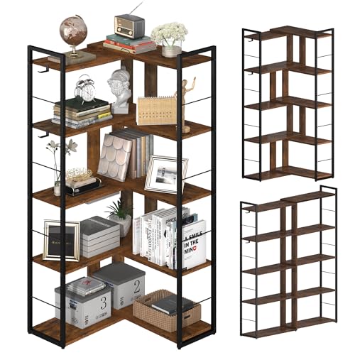 5 Tier Bookshelf Wood Bookcase with 2 Hooks Modern Corner Bookshelf Library Industrial Shelving Book Case Adjustable Book Shelves for Bedroom Living Room Home Office Rustic Brown