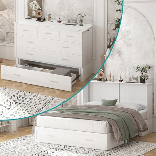 BALUS Murphy Cabinet Bed, Queen Murphy Bed with Charging Station, Tri-fold Memory Mattress, Storage Drawers, Space-Saving Wooden Folding Cube Chest Wall Beds for Living Room and Apartments White