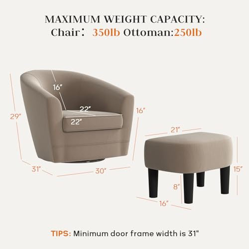 Swivel Accent Chair with Ottoman Set of 2, Soft Velvet 360 Degree Swivel Barrel Round Club Tub Chair with Footrest, Comfy Armchair for Living Room Bedroom
