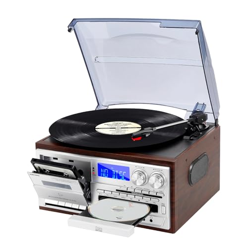 9 in 1 Record Player with External Speakers,3 Speed Bluetooth Turntable Vinyl Player with CD/Cassette Play,AM/FM Radio, USB SD/MMC Play, Aux-in/RCA Line Out