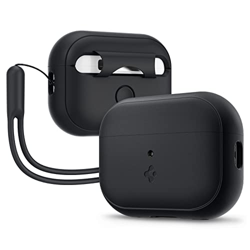 Spigen Silicone Fit Designed for AirPods Pro 2nd Generation Case 2022/2023 (USB-C/Lightening Cable) Airpods Pro 2 Case with Lanyard - Black/Black