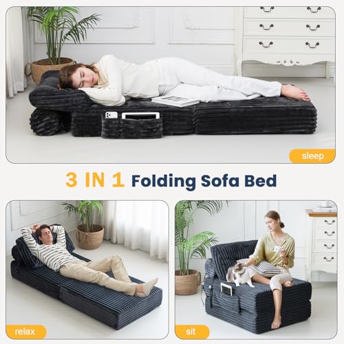 3 in 1 Folding Sofa Bed, Convertible Sleeper Chair with Pillow, Chair Bed with Back Support, Couches for Living Room, Foam Floor Mattress with Cushion, Single Size, Dark Grey