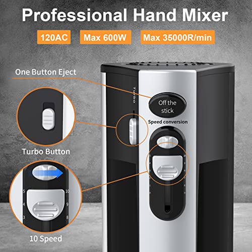 Hand Mixer Electric 600W 10 Speed Powerful with Turbo Handheld Mixer for Baking Cake Lightweight & Efficiency Kitchen Mixer with Beaters Dough Hooks, Whipping Mixing Cookies, Brownies, Batters, Meringues, Mashed Potatoes