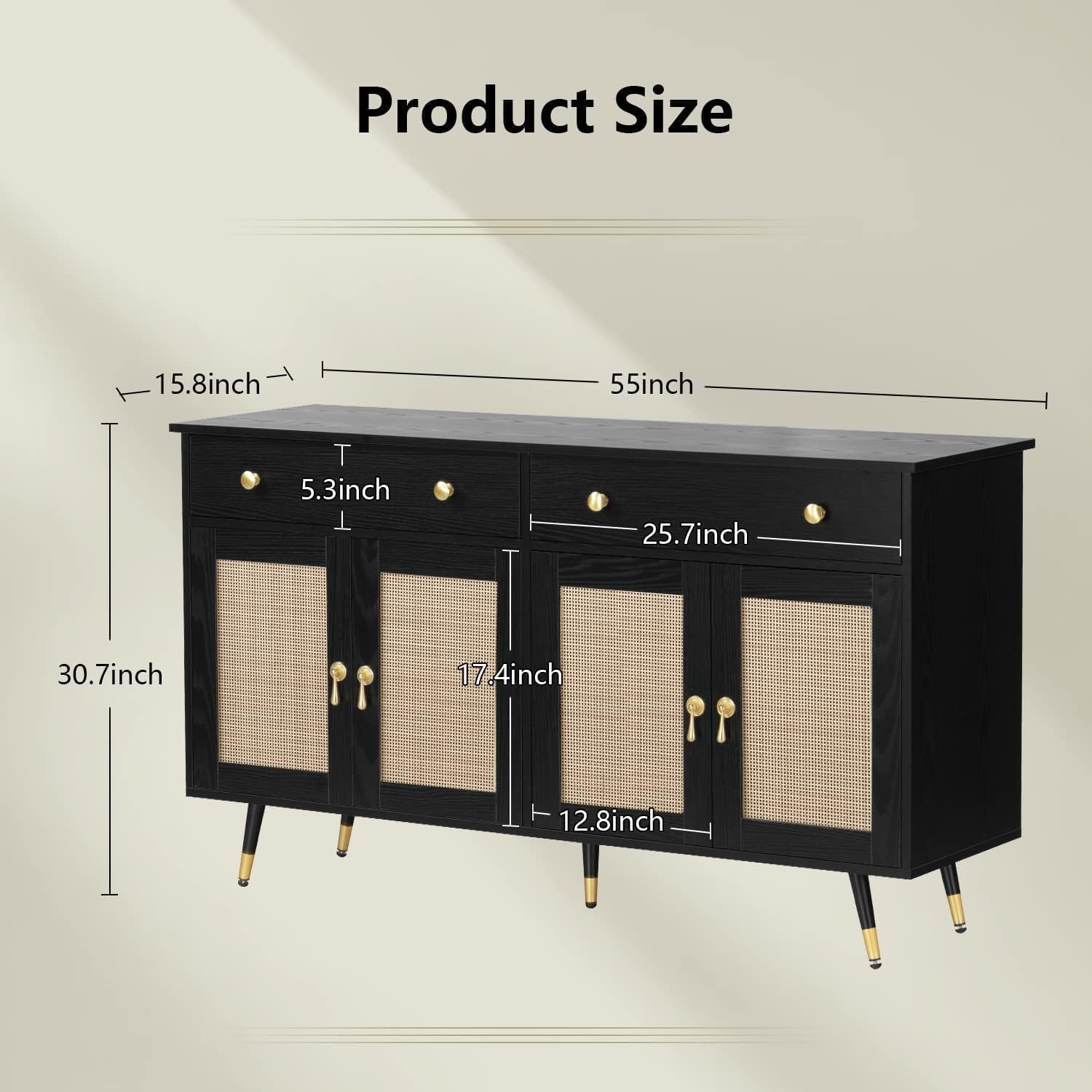4ever2buy Black Sideboard Storage Cabinet with 4 Natural Rattan Doors, 55” Rattan Buffet Cabinet with 2 Drawers, Modern Accent Buffet Sideboard Cabinet with Adjustable Shelf for Living Dining Room