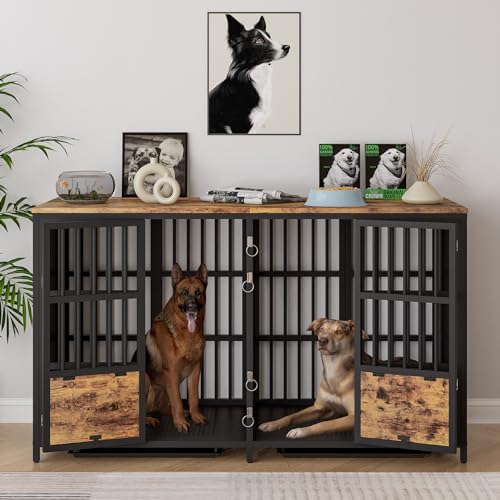 BOINN Large Dog Crate Furniture, 63 inch Heavy Duty Double Dog Crate with Divider, Extra Large Dog Kennel Furniture with Removable Trays for Medium Large Dogs