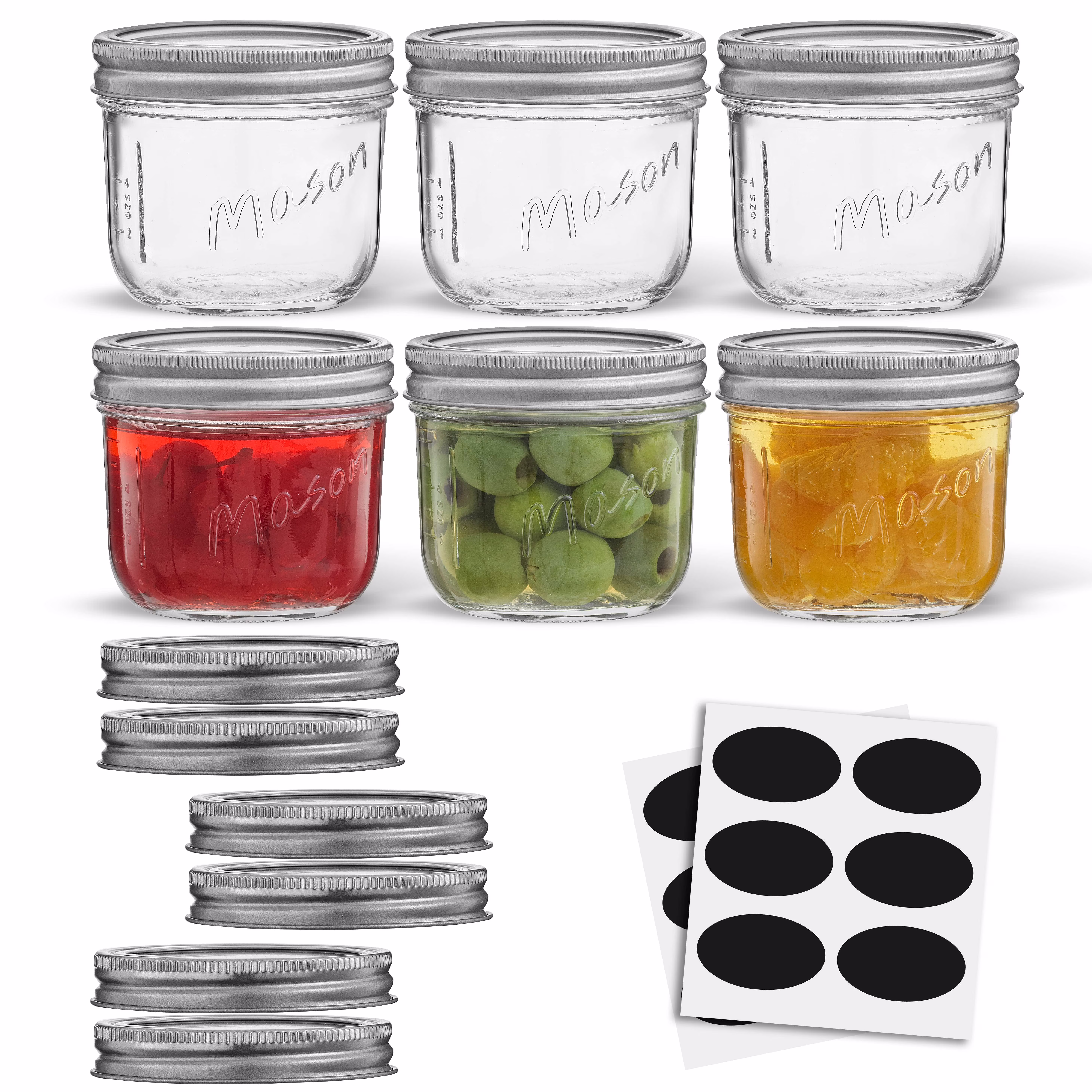 Wide Mouth Small Mason Jars with Airtight Lids, Labels and Measures - 8 oz - [Set of 6] Airtight Canning Jars, Glass Jar