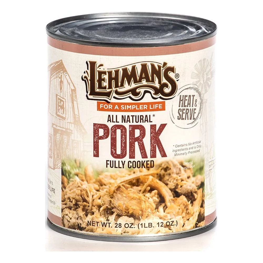 Lehman's Canned Pre-Cooked Pork Meat Heat Serve USA Made Long Shelf Life 28 Oz