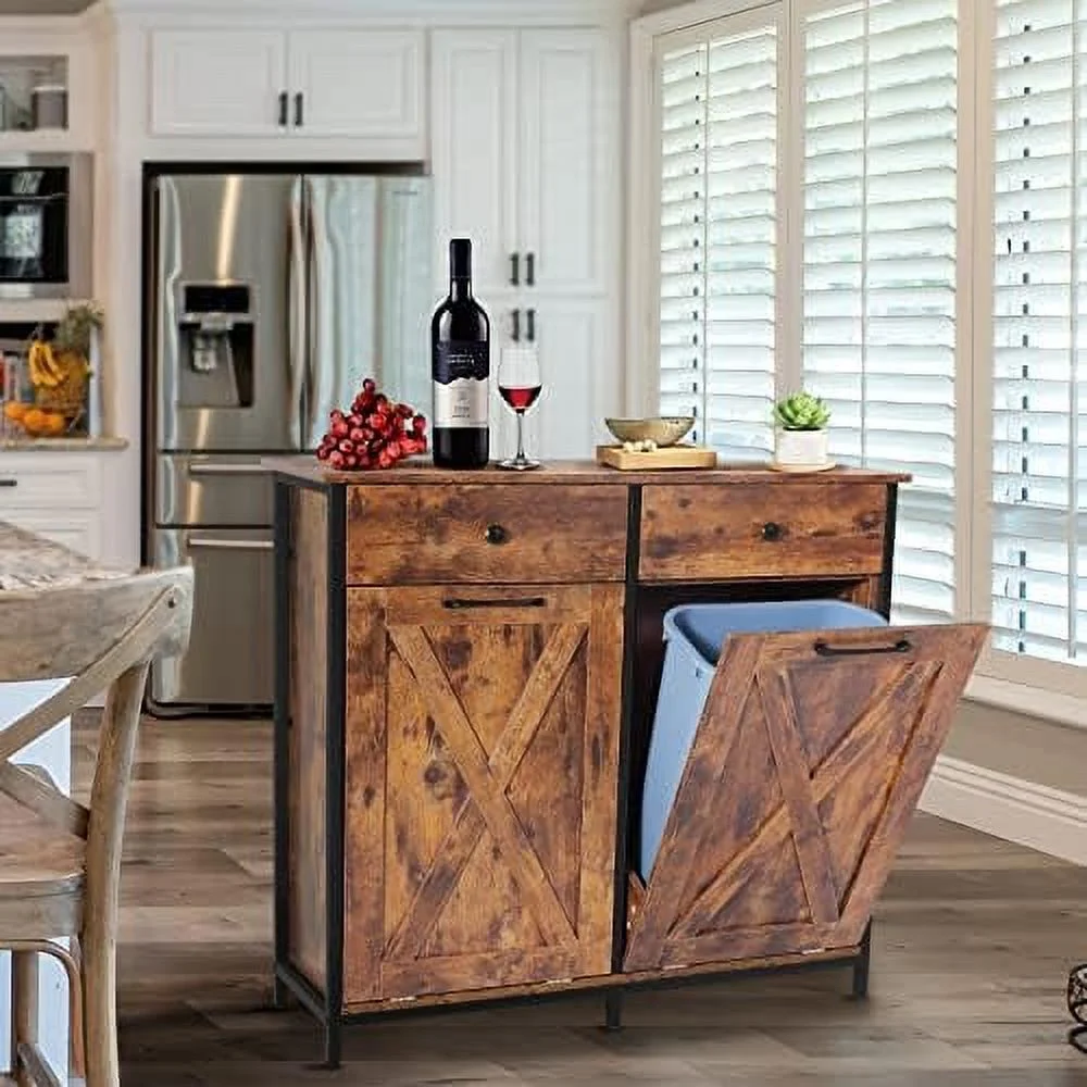 GEROBOOM Double Kitchen Trash Cabinets Two Tilt Out Trash Cabinets with Solid Hideaway Drawers Free Standing Wooden Kitchen  Recycling Cabinet  Holder (White)