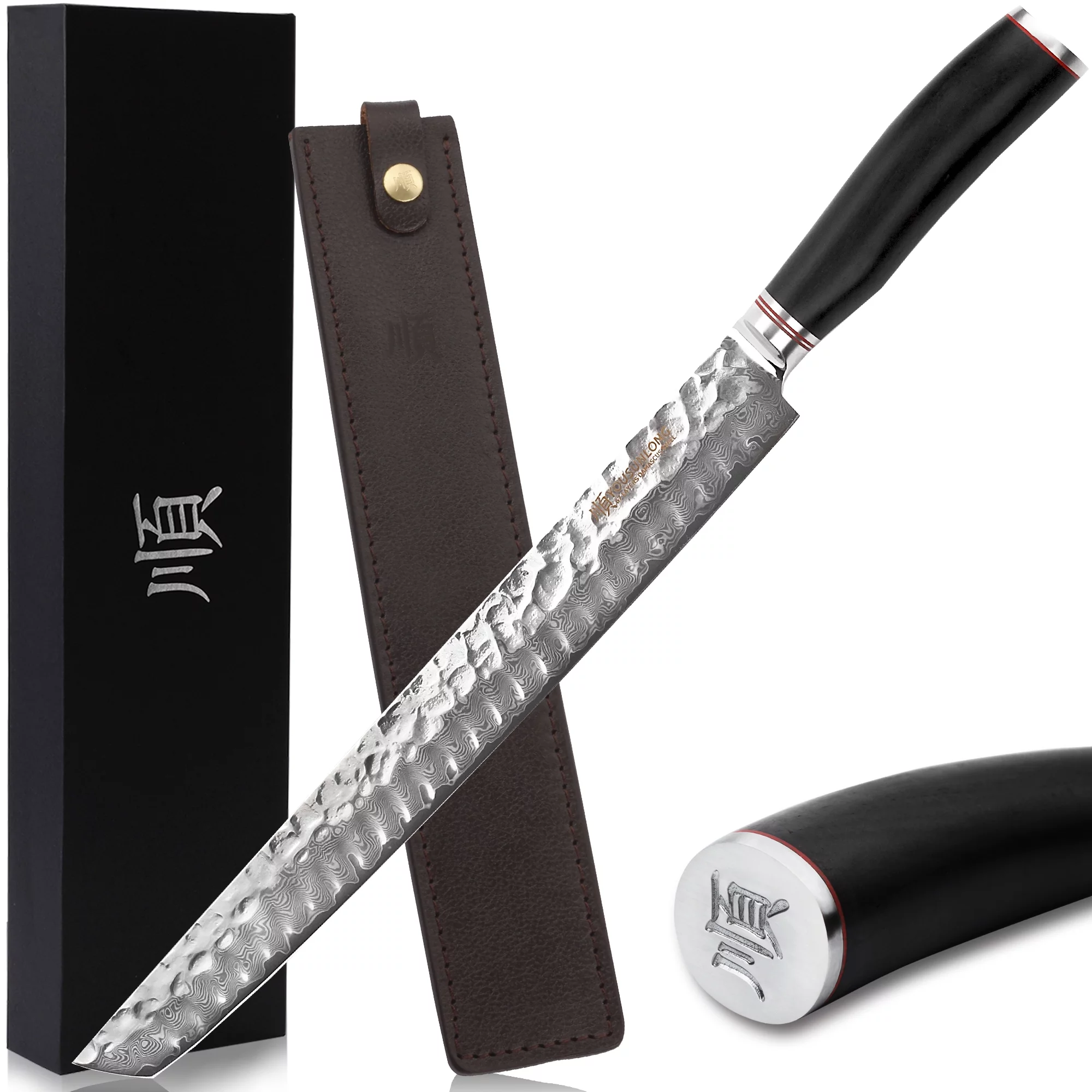 YOUSUNLONG Sujihiki Knife 13 Inch - Japanese Damascus Steel Fillet Knives Naturalwood Handle With Leather Sheath