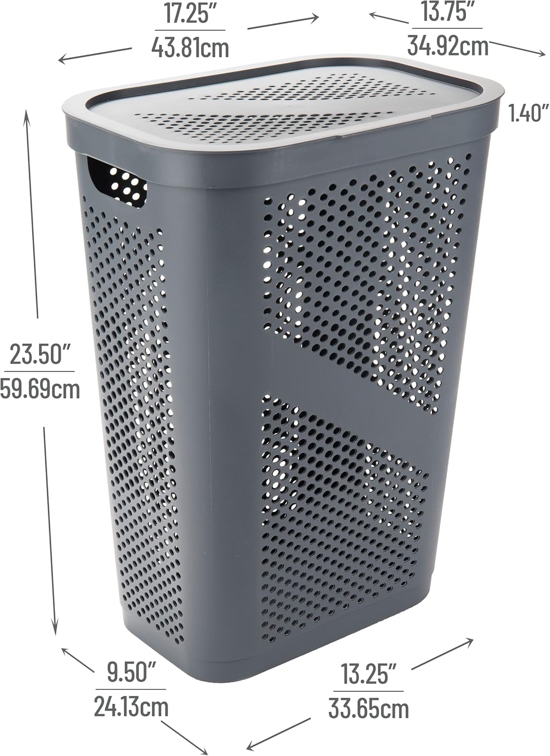 Mind Reader 60L Slim Laundry Hamper, Clothes Basket, Lid, Ventilated, Plastic, 17.25