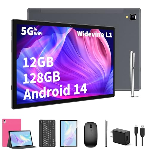 Android Tablet with Keyboard,10 inch Android 14 Tablets, 12GB RAM 128GB ROM, 1TB Expand, 8000mAh, 2.4G/5G WiFi, Bluetooth, GMS Certified, with Case, Mouse, Stylus Tablet PC (Black)
