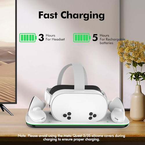 Charging Dock Compatible with Meta Oculus Quest 3/3S, VR Headset Controller Accessories, Charging Station with Closable LED Indicator, Magnetic Charging, Fast Charging, 2 Rechargeable 1850mA Batteries