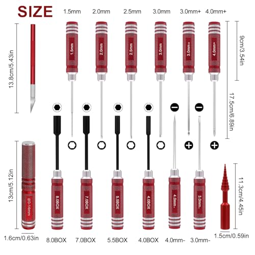 19Pcs RC Car Tool Kit Hex Screwdriver Set Nut Drivers Phillips Screwdrivers Plier Wrench Body Reamer for 1/8 1/10 Traxxas Axial Arrma DJI Drone Boat RC Repair Tool Kit Black