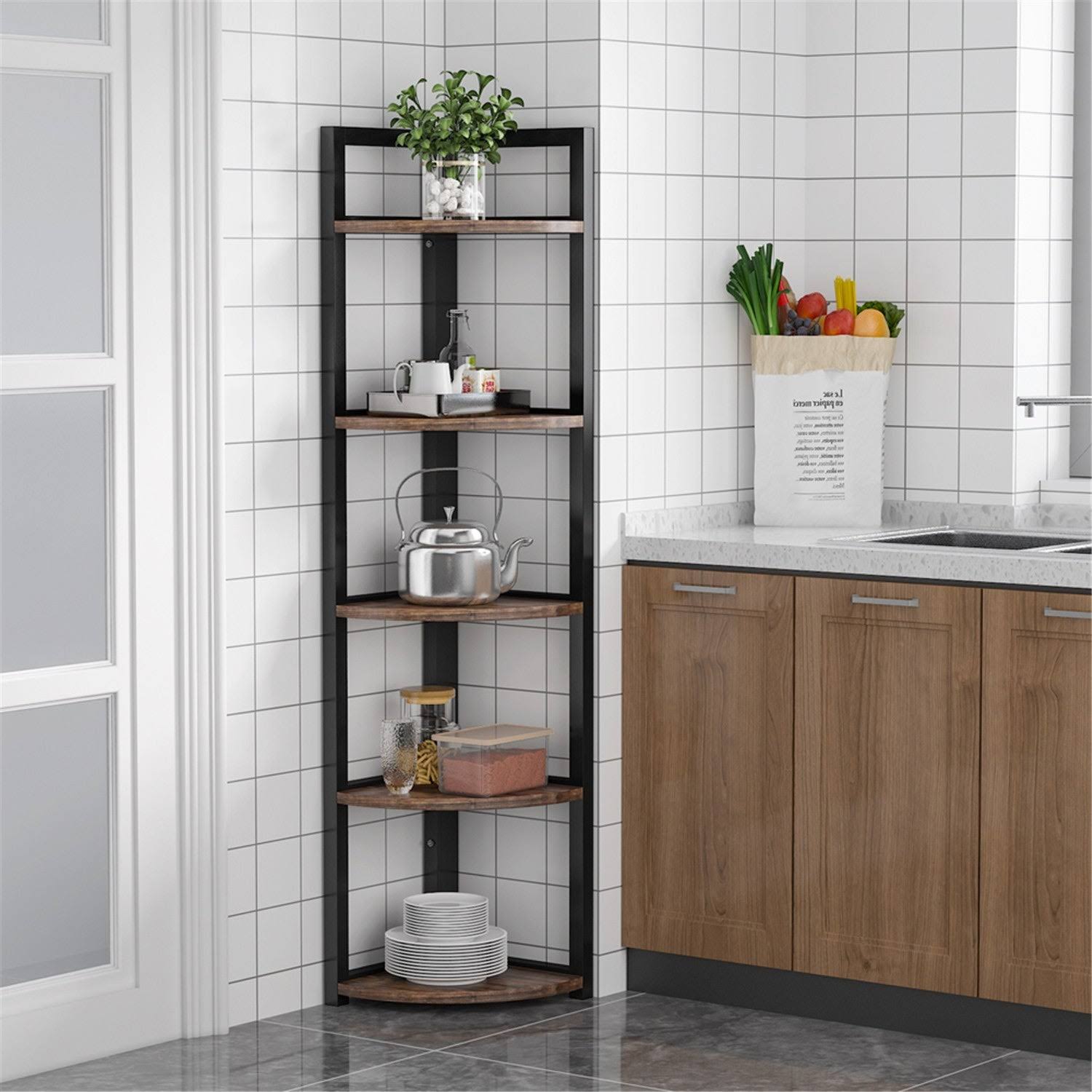 5 Tier Corner Shelf, Corner Storage Rack Plant Stand - Light Brown