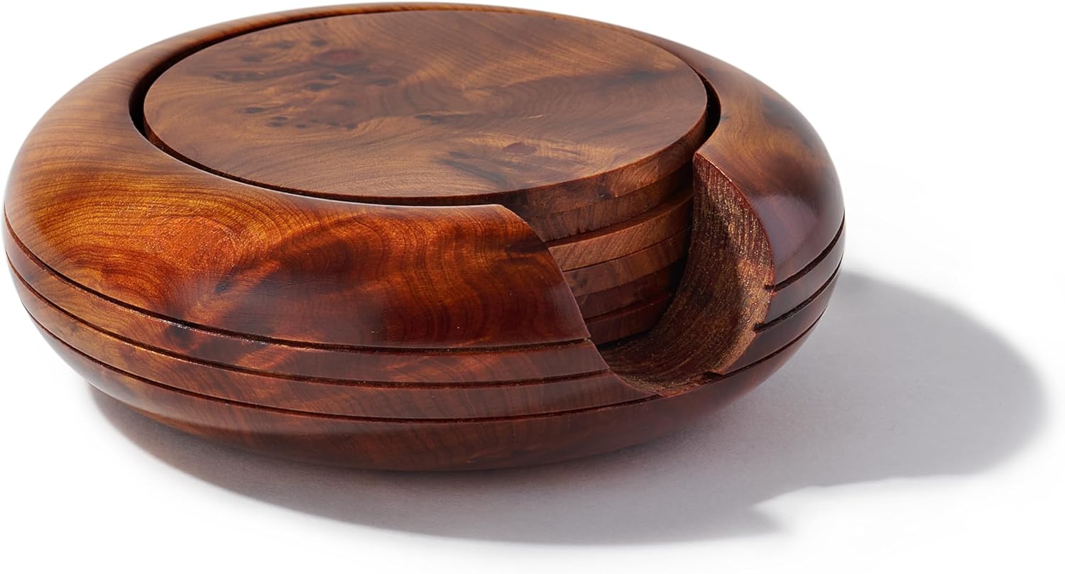 Thuya Wood Burl Coasters Set of 6 for Cups, Mugs, Living Room Table and Home Decor - Dinner Table Decor for Decor Lovers