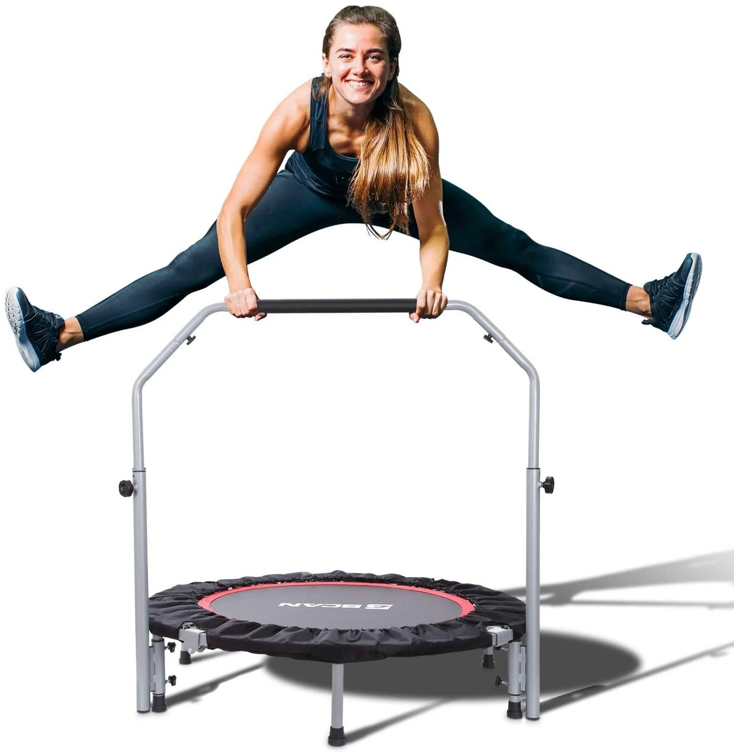 Bcan 40x22 Foldable Mini Trampoline, Fitness Rebounder with Adjustable Foam Handle, Exercise Trampoline for Kids Adults