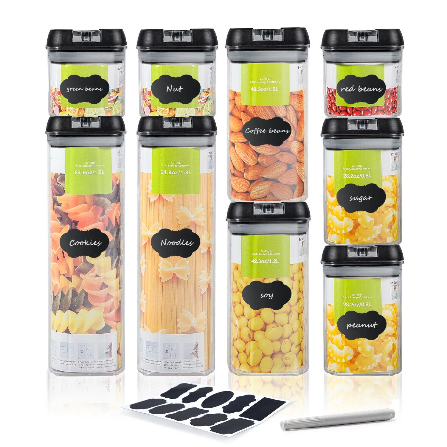 9 PCs Clear Food Storage Containers Set, Multiple Capacities Stack-able Airtight Kitchen Containers Dry Food Candy Storage Organizer Boxes Black Lid