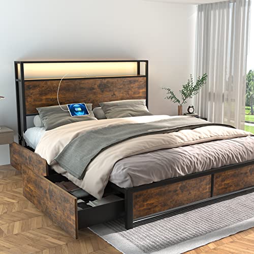 Gitua Full Size Bed Frame with Storage Drawers - Led Lights and Charging Station Metal Bed Frame with Headboard, No Box Spring Platform Bed Frame Wood, Rustic Brown