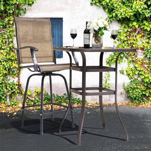 NUU GARDEN 5 Piece Patio Bar Set with Square Silk Screen Bar Height Glass Table and 4 Counter Textilene Height Swivel Chairs for Patio, Yard, Outdoor, Black&Brown