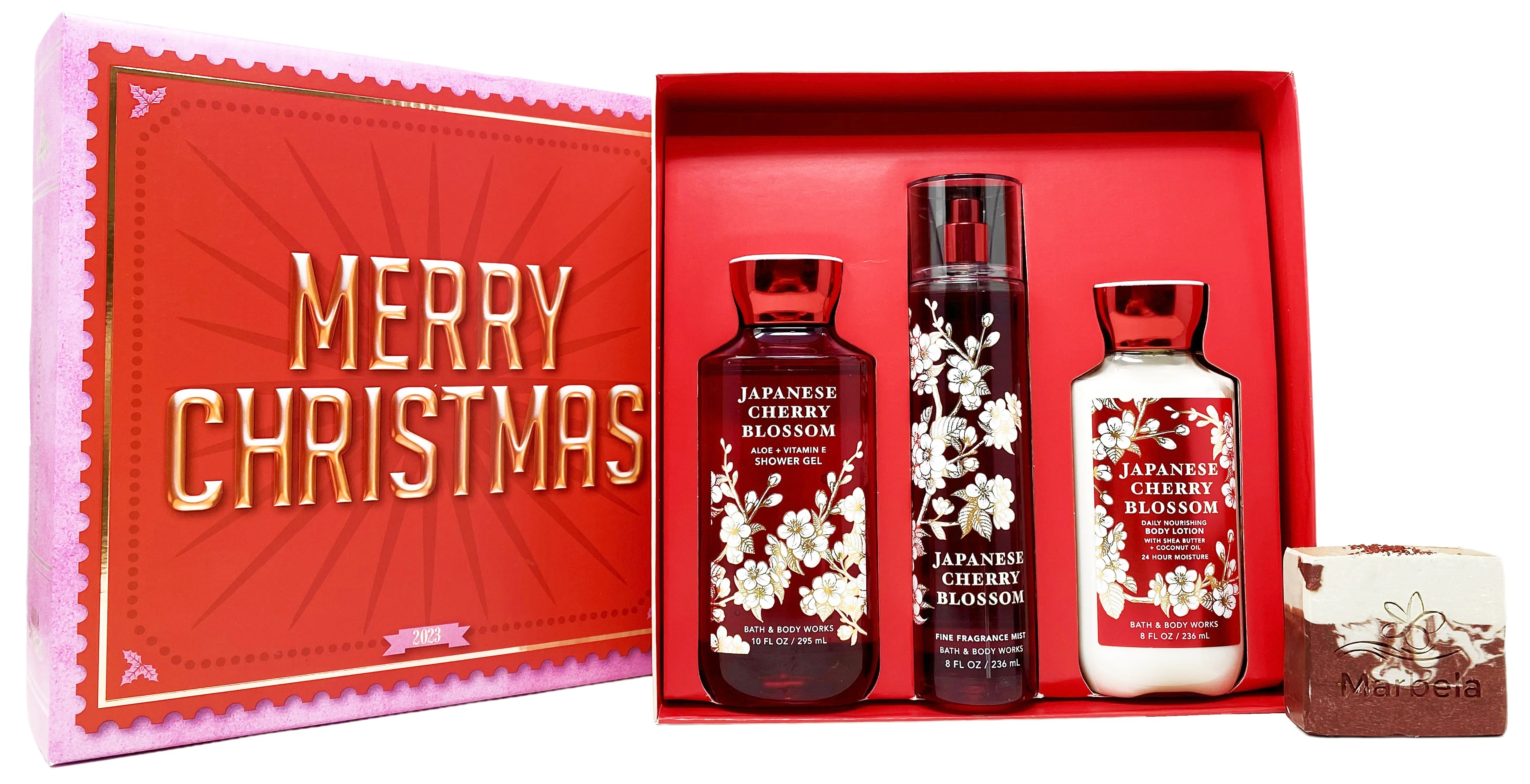 Bath & Body Works Japanese Cherry Blossom - Gift Box Set - Fine Fragrance Mist, Shower Gel and Body Lotion With a Cherry On Top Soap.