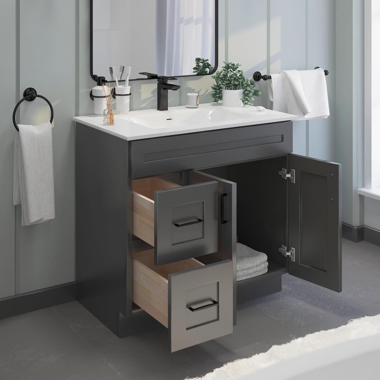 Gray Shaker Bathroom Vanity Sink Base with Drawers 36 in Ready-to-Assemble Cabinet
