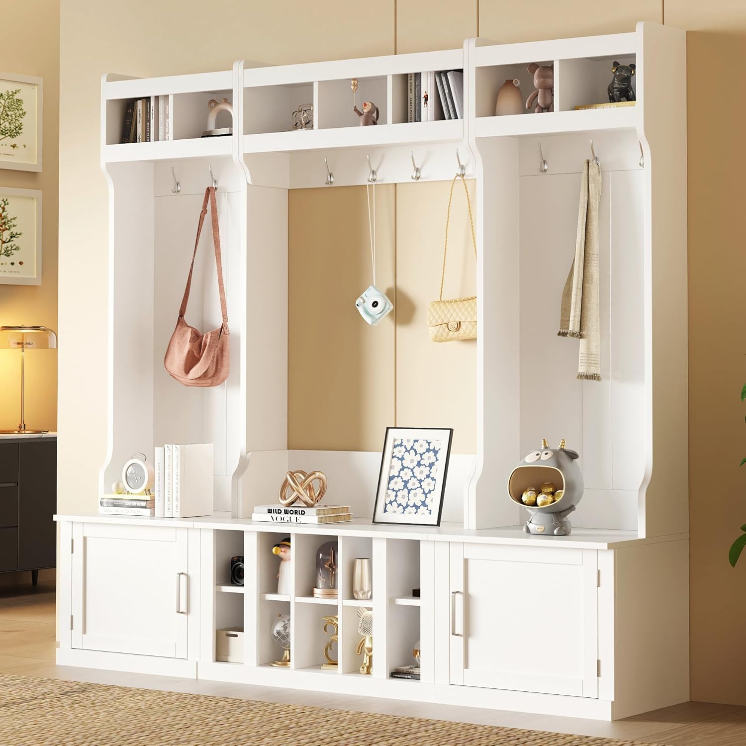 VOXIV Wide Design Hall Tree with Storage and Bench, 4-in-1 Multi-Functional Entryway Bench with Coat Rack and Shoe Cubbies Practical Furniture for Hallway White