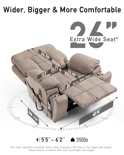 Large Power Lift Chairs Recliners for Elderly with Heated and Massage, Lazy Boy Recliner Chair with 26in Extra Wide Seat, Hidden Cup Holder, Side Pocket