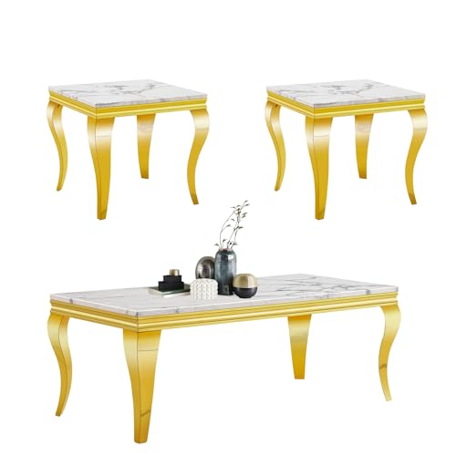 3 Piece Living Room Table Set, White Coffee Table & End Side Table & Console Table, Faux Marble Top Coffee Table Set with Silver S Steel Legs for Home Office, Luxury Home Coffee Table Set of 3