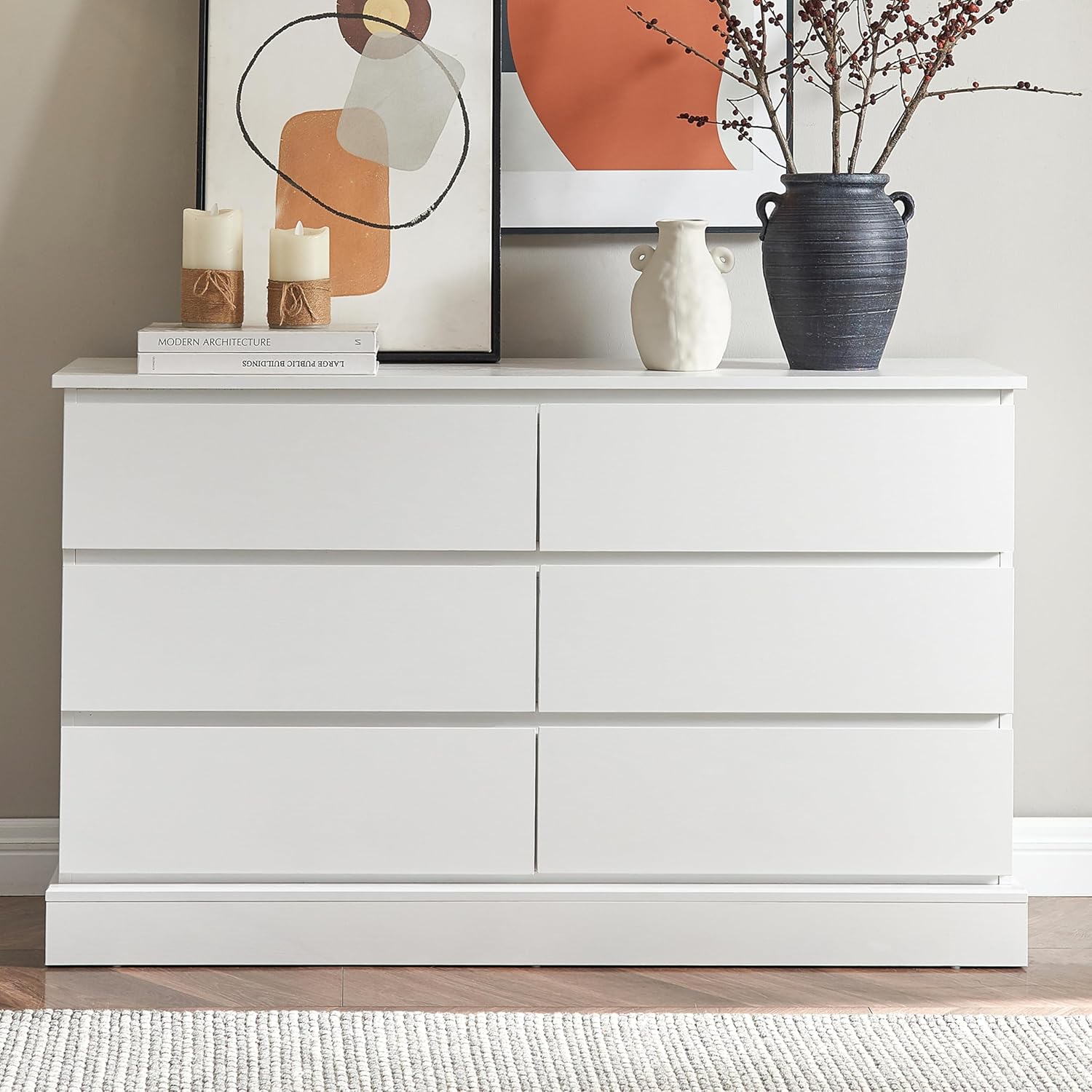 White Dresser with 6 Drawers, Modern Dresser, Nursery Dresser Organizer, Deep Chest of Drawers, Wood Dressers Storage for Bedroom, Living Room, Hallway, Entryway