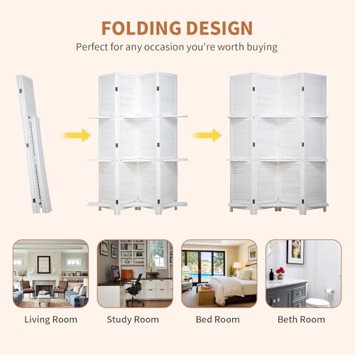 Room Divider 4 Panel Folding Wood 5.6 Ft Tall Privacy Screen Dividers Wall with Three Shelves Portable Partition (White)