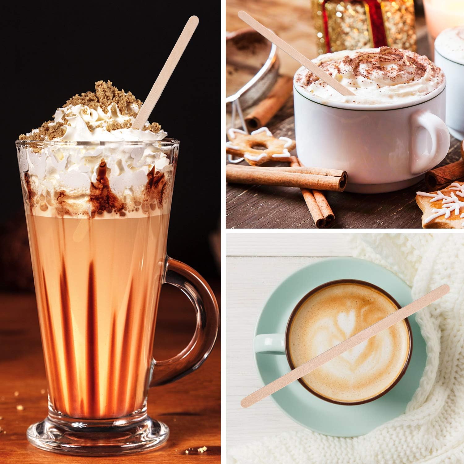 HLSN Wooden Stir Sticks-Disposable Drink Stirrer Coffee Stirrers, 5.5 Inches 500PCS Individually Wrapped Natural Birch Degradable Food Grade Certification