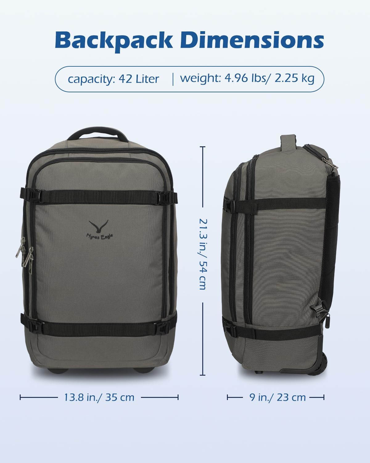 Hynes Eagle 42L Rolling Backpack Wheeled Backpack Flight Approved Travel Backpack Carry on Luggage Navy Blue with Grey