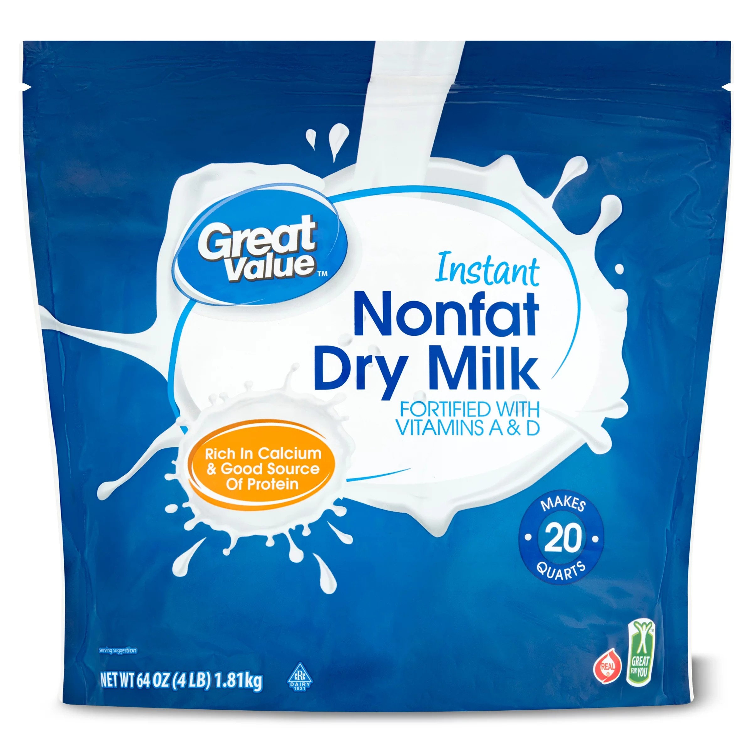Great Value Instant Nonfat Dry Milk, 64 oz Bag, Makes 20 Quarts, 80 Servings per Container