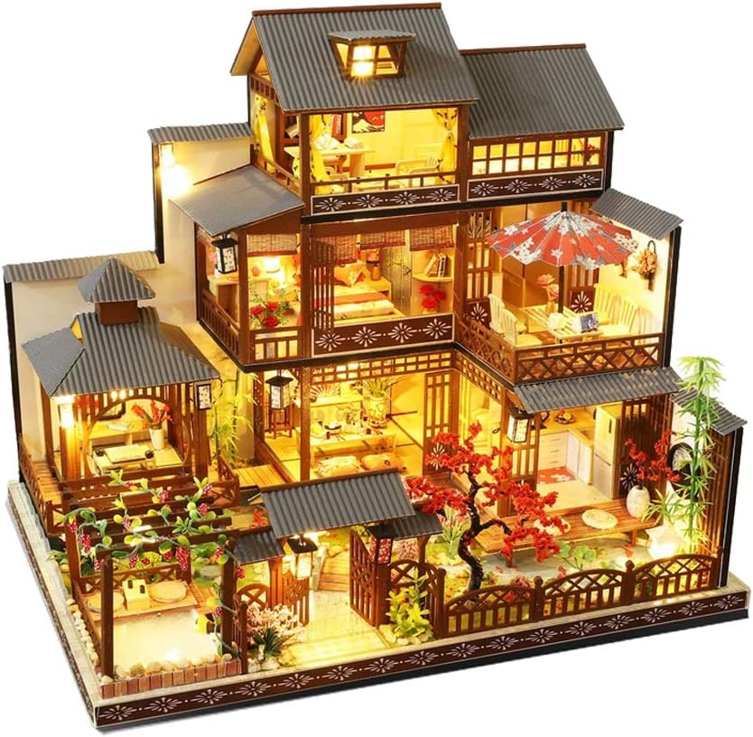 WYD 3-Story Japanese-Style Villa Model Japanese Style Wooden Assembled Dollhouse Kit Puzzle Toys Furniture Kits LED Light House Gift for Friends Parents Children