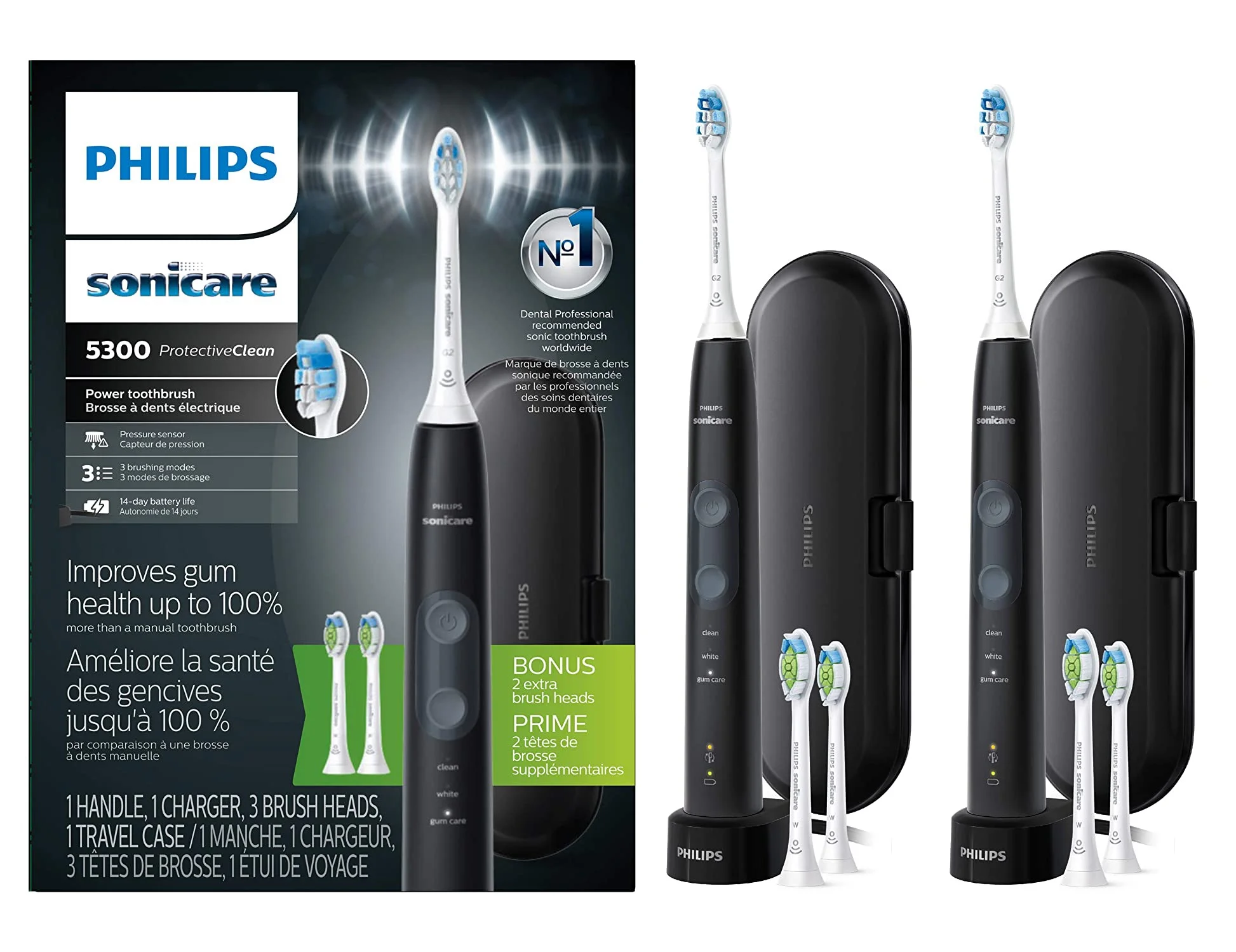 2 Pack Philips Sonicare HX6423/34 ProtectiveClean 5300 Rechargeable Electric Toothbrush, Black