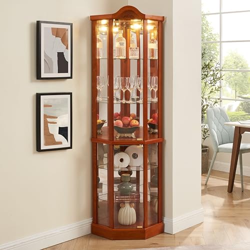 Curio Cabinet with Lighted, Display Cabinet with Glass Doors, Corner China Cabinet with Tempered Adjustable Glass Shelves & Carved Decoration (Crown Roof, Cherry)