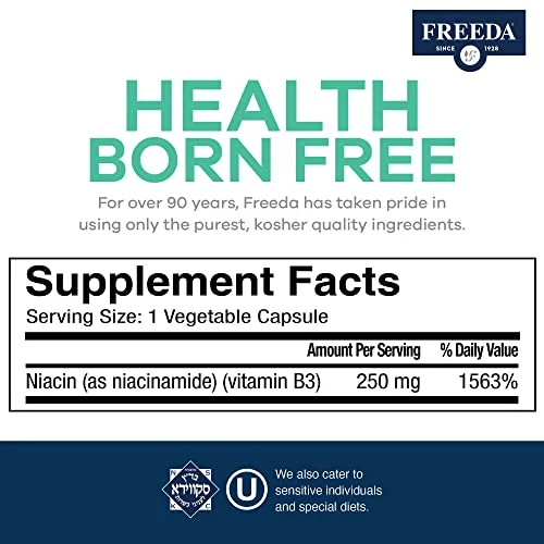 Freeda Niacinamide - Vitamin B3 Niacinamide 250 mg - Vegetarian No Flush Niacin Formula - B3 Vitamins Niacinamide Supplement - Niacin Flush Free Niacin Supplement Vitamin B3 Nicotinamide, 500 Capsules