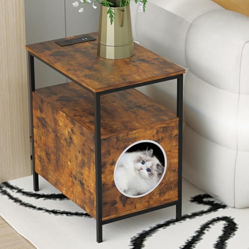 Wood Cat End-Table with Charging Station - Modern Living Room Side Table and Cozy Cat Table Furniture with Cat Hole Design,13