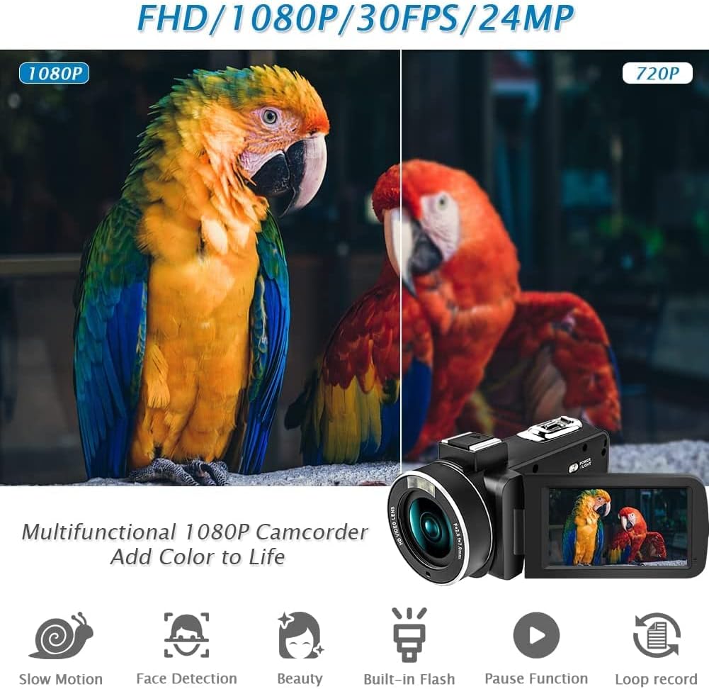 Video Camera Camcorder 1080P 24MP 30FPS with LED Fill Light Digital Camera 18X Zoom Camcorder 3.0 Inch 270 Degree Rotation Vlogging Camera for YouTube with 2 Batteries Pack of 2