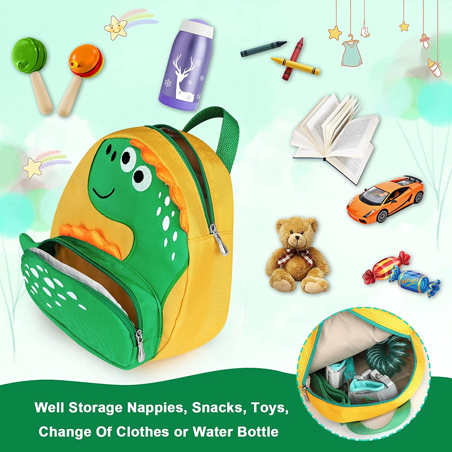 Anti Lost Toddler Backpack ,Dinosaur Backpacks, 4 in 1 Child Harness Leash Walking Wristband (Yellow)