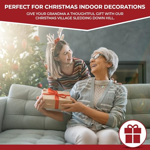 Christmas Village Sledding Down Hill - Lighted Musical Snow Village with 8 Animated Kids Going Down The Mountain