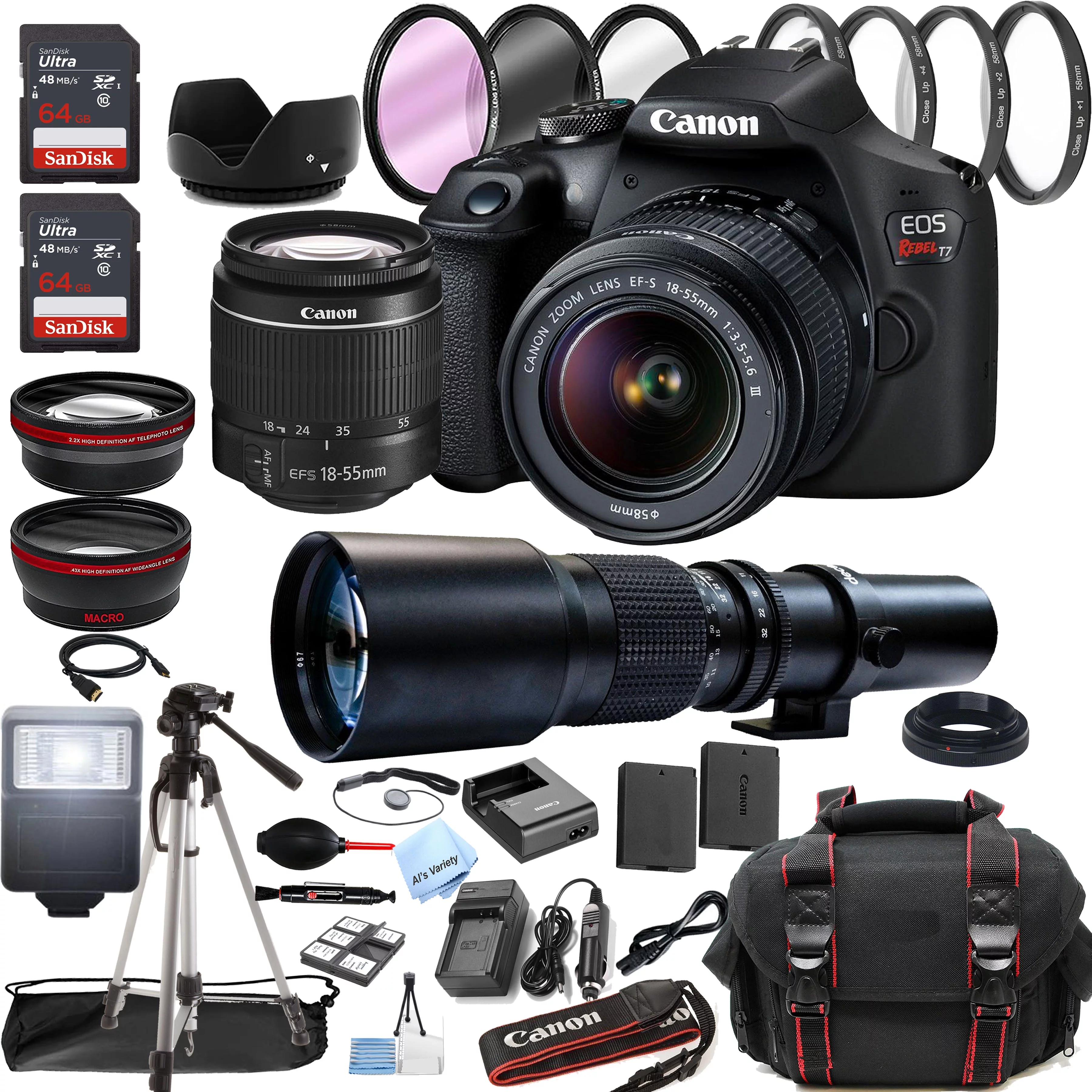 Canon EOS Rebel T7 DSLR Camera w/18-55mm + 500mm Preset Lens + 128GB Memory + Case + Tripod + Filters -38pc Bundle - Curated Treasures Market