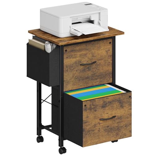 File Cabinet with 18'' Large Tabletop and 2 Fabric File Drawer, Mobile Filing Cabinet for Home Office, Rolling Printer Stand with Storage Bag, Fits A4/Letter Files, Rustic Brown