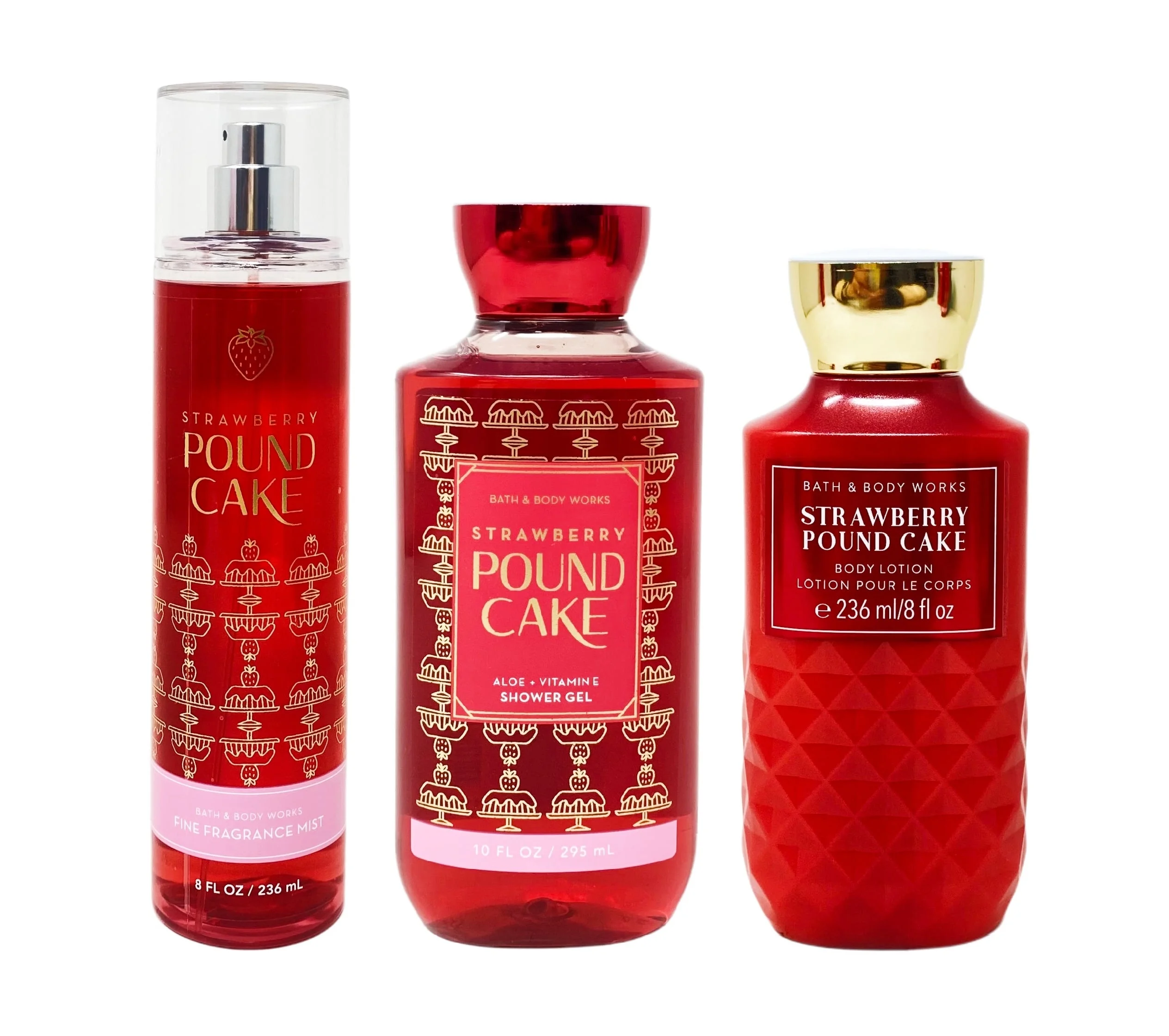 Bath and Body Works Strawberry Pound Cake 3 Piece Gift Set - Fragrance Mist - Shower Gel - Body Lotion - Full Size