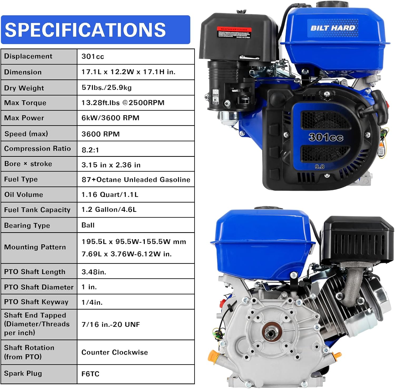 BILT HARD 301cc 10HP Gas Powered Engine, Horizontal 4 Stroke OHV Gas Motor, Shaft 1