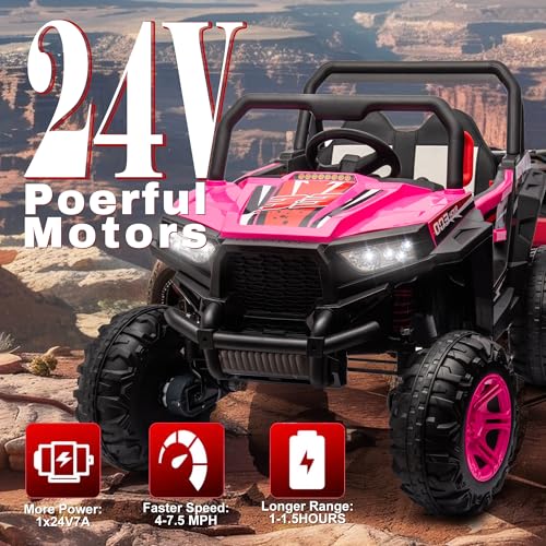 24V Ride on Car Kids Side by Side with Remote Control, 2 Seater 4WD Kids UTV Off-Road Power Wheels,Battery Powered Kids Cars to Drive w/ 4x100W Engine,3 Speeds,Bluetooth,LED Lights (Pink)