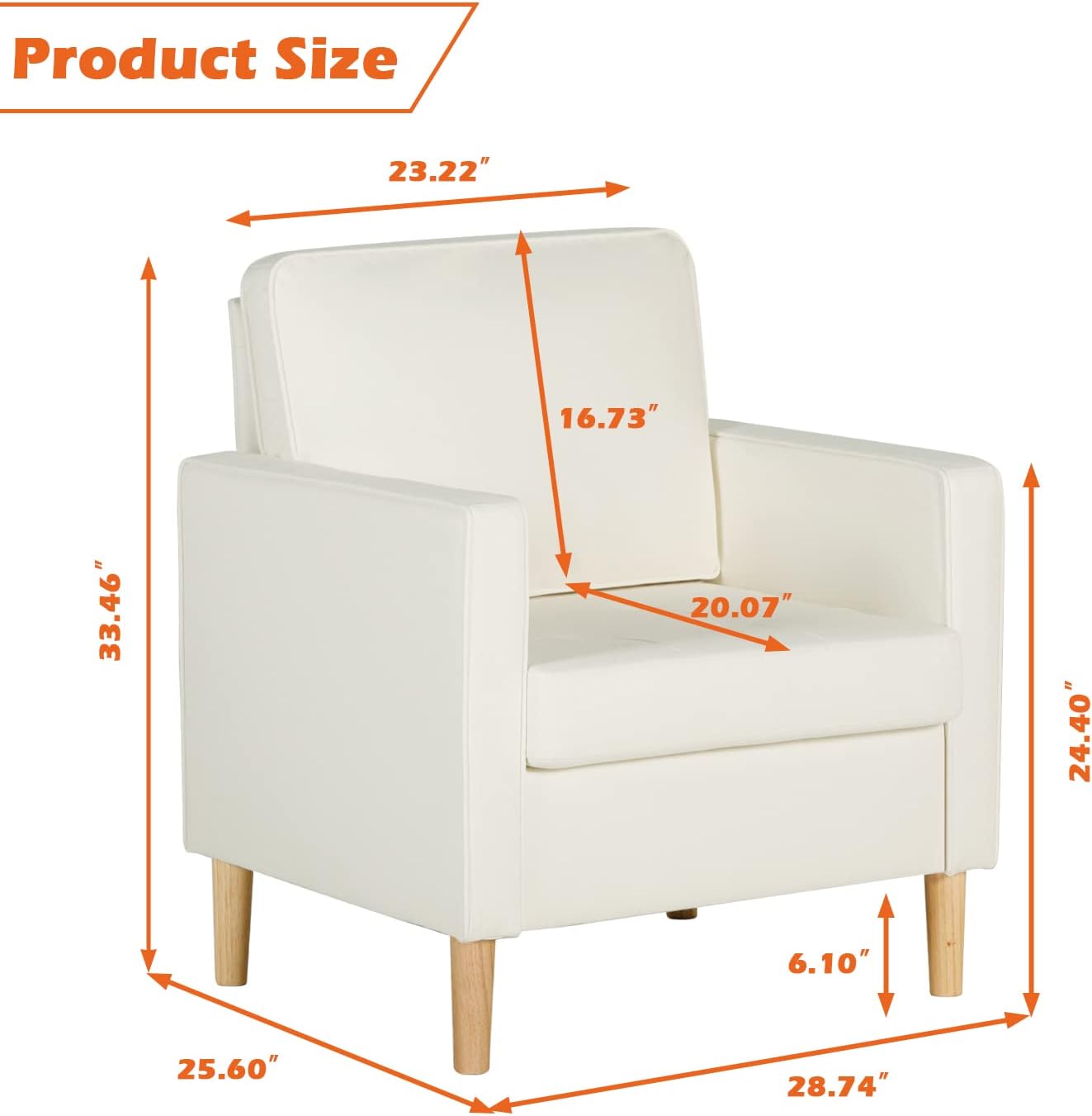 Upholstered Modern Single Sofa Chair Mid-Century Faux Leather Living Room Accent Arm Chairs for Small Space, Home Living Room, Apartment, Dorm, Office (1, Cream White)